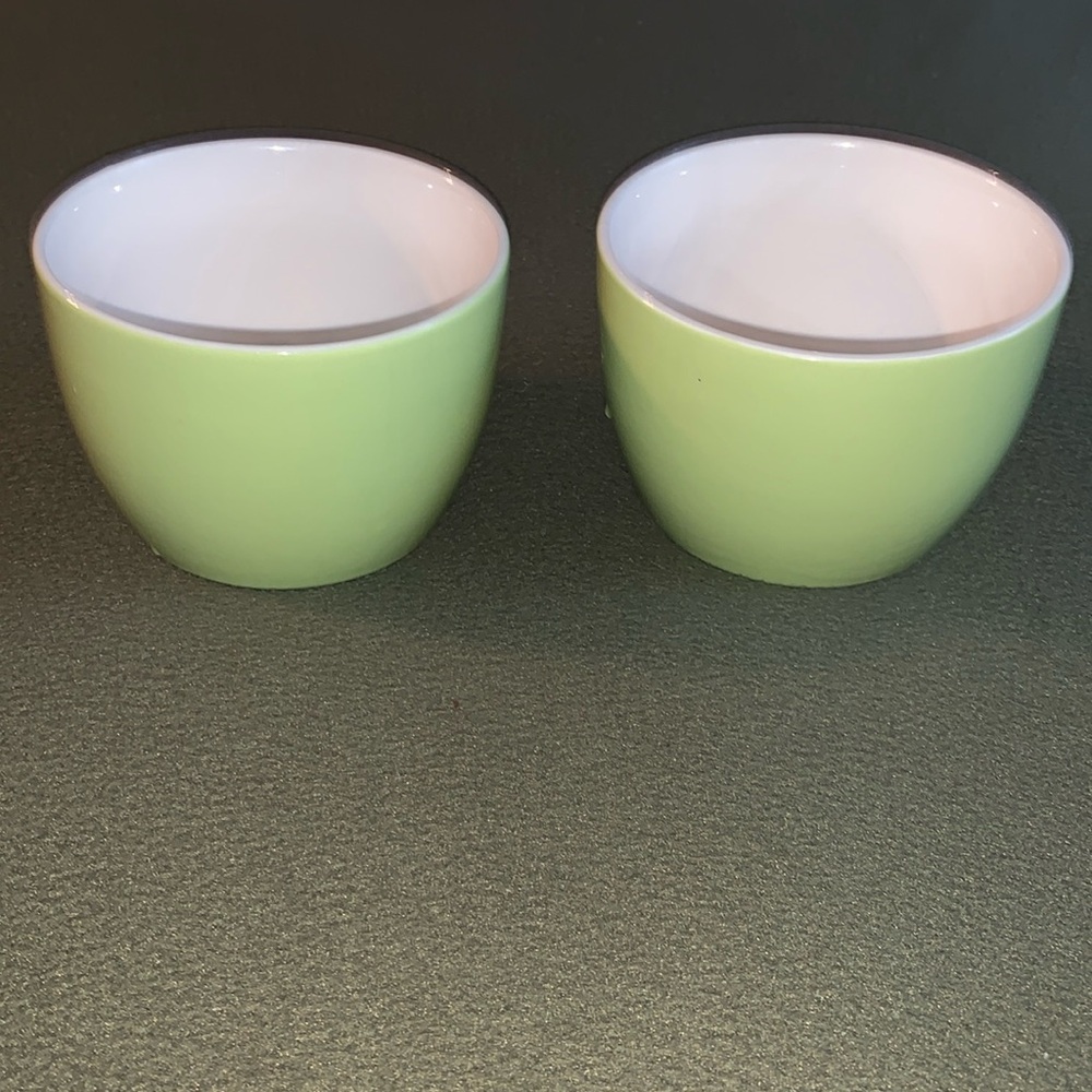 BIA green hand glazed ceramic bowls.  Approximately 4 3/4” across. 3” deep.